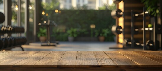 A gym with a wooden table in the middle of the room