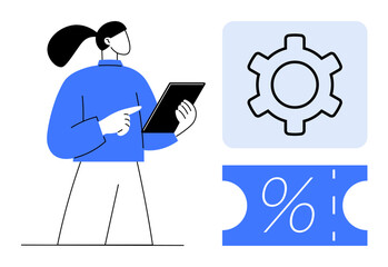 Woman holding a tablet next to gear and discount ticket with percentage symbol. Ideal for digital marketing, technology integration, e-commerce, online sales, promotional strategies, business