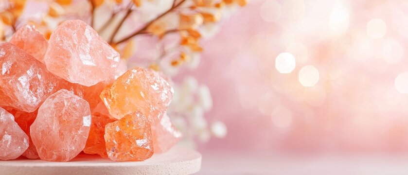 Peach Moonstone Crystals Raw Gemstones on Pink Background Spiritual Healing Wellness