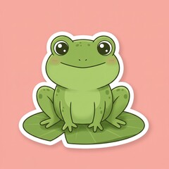 Obraz premium Sticker of a cute frog with big, round eyes and smooth green skin, sitting on a lily pad with a cheerful smile