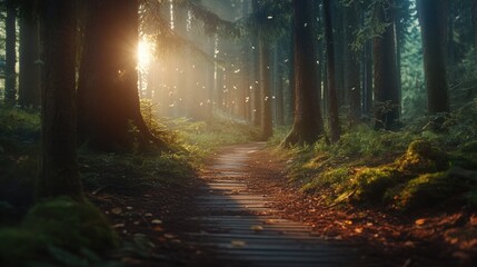 Obraz premium Sunlit Forest Path: A Magical Woodland Walk