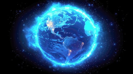 Glowing Earth: A Cosmic Night Sky View.  Stunning Celestial Orb, Vibrant Blue Energy, and Galactic Wonders