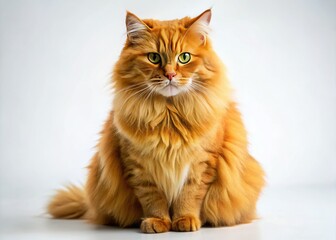 Obraz premium Urban grit meets feline grump: a fluffy orange cat glares, stark white backdrop.