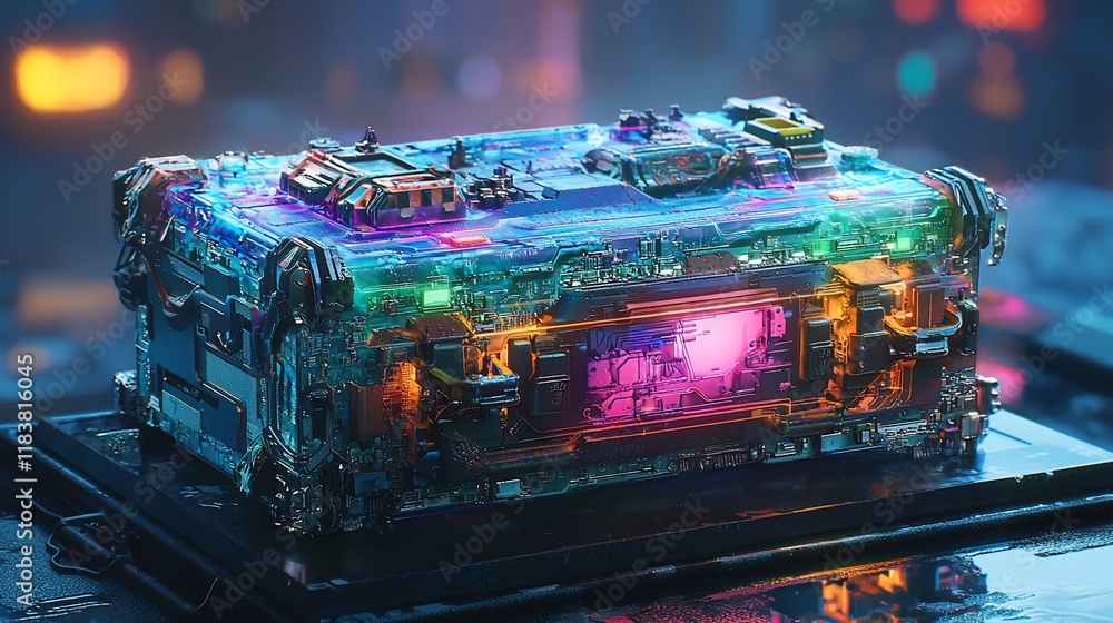 Poster Futuristic transparent container with colorful internal components.