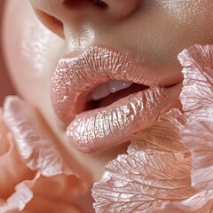 Fototapeta premium Close up of glossy pink lips in soft pastel tones
