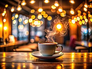 Warm, inviting coffee shop scene: bokeh lights, rich AI art, perfect cafe ambiance.