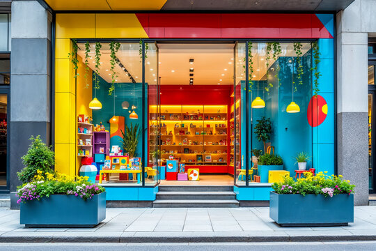 Bright and colorful storefront of a modern toy store with decorative plants and a vibrant display of children's products.