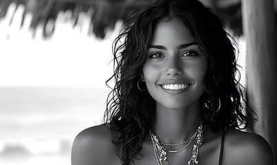 Portrait of a young female with a bright facial expression in a tropical environment - monochrome tone