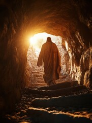 A figure dressed in robes walks up stone steps inside an ancient cave, illuminated by a warm light from the entrance, symbolizing hope and transformation