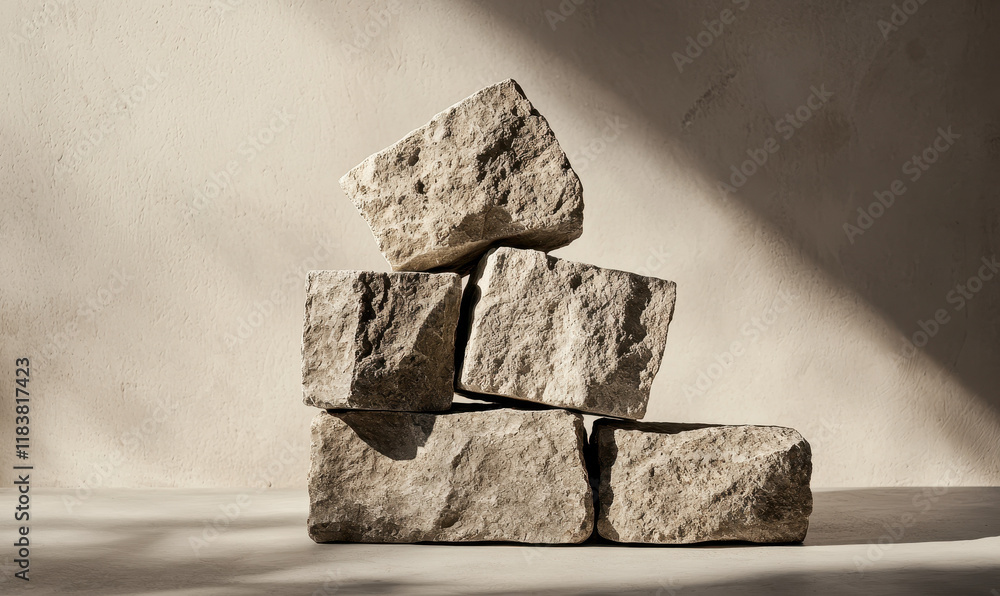 Poster textured stone stack with soft light and shadow in neutral tones
