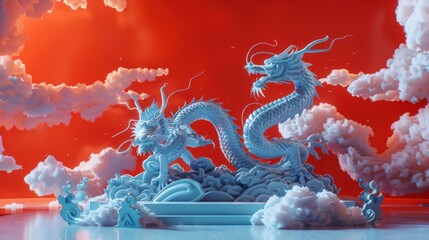 Obraz premium Celestial Dragon: A 3D Render of a Majestic Chinese Dragon Amidst Clouds