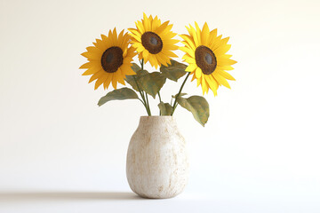 Sunflowers in a ceramic vase on a white background, with a simple and clean white gradient background.
