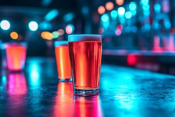 Row of beverages on a counter with colorful lights in the background