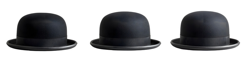 Fototapeta premium Three vintage black bowler hats neatly arranged in a group on a plain white background The classic gentleman s headwear is a sophisticated formal accessory with a distinctive dome shaped design