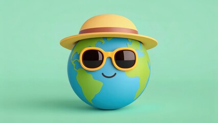 3D illustration of a globe wearing sunglasses and a hat, symbolizing travel, vacation, and global adventure.