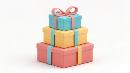 Obraz premium 3D illustration of pastel-colored gift boxes stacked neatly, tied with pink, blue, and yellow ribbons.