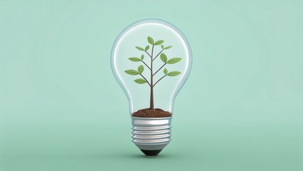 3D illustration of a tree growing inside a light bulb, symbolizing renewable energy, nature, and sustainable ideas.