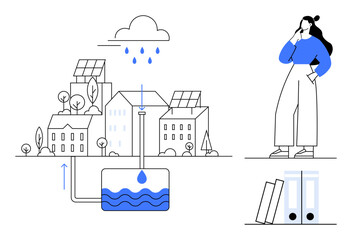 Cloud raining over buildings with solar panels, showing water harvesting system leading to underground tank. Ideal for sustainability, green energy, urban planning, water conservation, technology