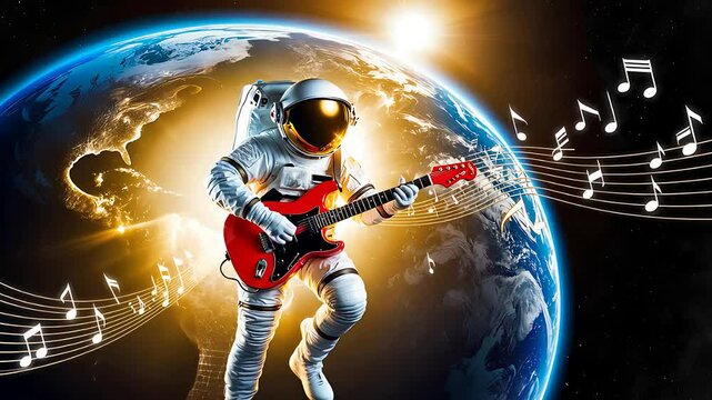 Astronaut Playing Electric Guitar in Space with Musical Notes and Earth in the Background in Vibrant Cosmic Scene

