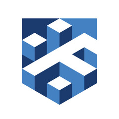The image shows a flat logo design of an initial letter F inside a shield