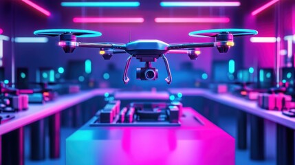Neon Drone in Tech Lab: Futuristic Aerial Photography