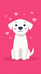 A cute, cartoon-style white dog with a happy expression sits against a pink background adorned with hearts.
