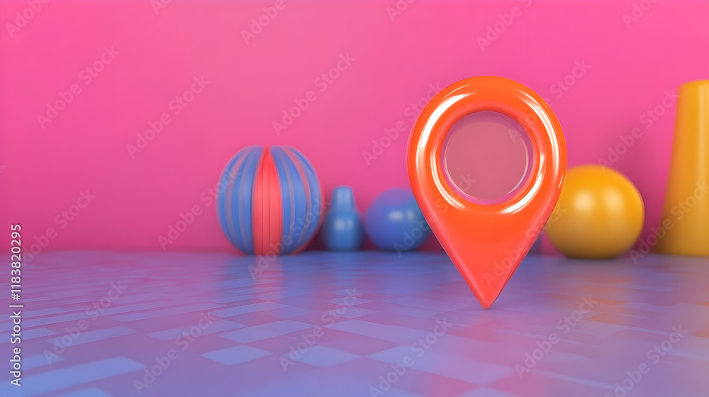 Poster orange map pin; colorful background; location; 3d render
