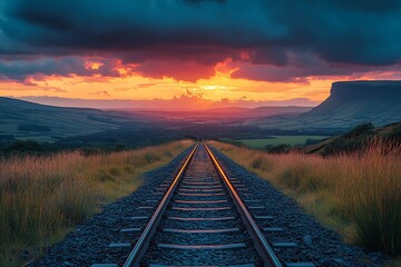 Obraz premium Tracks disappearing into the horizon, flanked by lush green vegetation and bushes, with a dramatic sunset in the background, featuring vibrant pink, orange, and purple hues