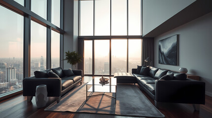 Fototapeta premium Luxurious High-Rise Apartment Living Room With Cityscape View