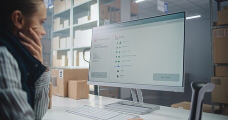 Female Inventory Manager Scans Code on Cardboard Box with Barcode Scanner, Checks Parcel Information. Computer Screen Shows Delivery Tracking System for Monitoring Package with Online Orders. Close Up