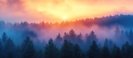 Fototapeta premium Misty sunrise forest, scenic view