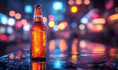 Two glass containers on a wet surface in a dimly lit establishment