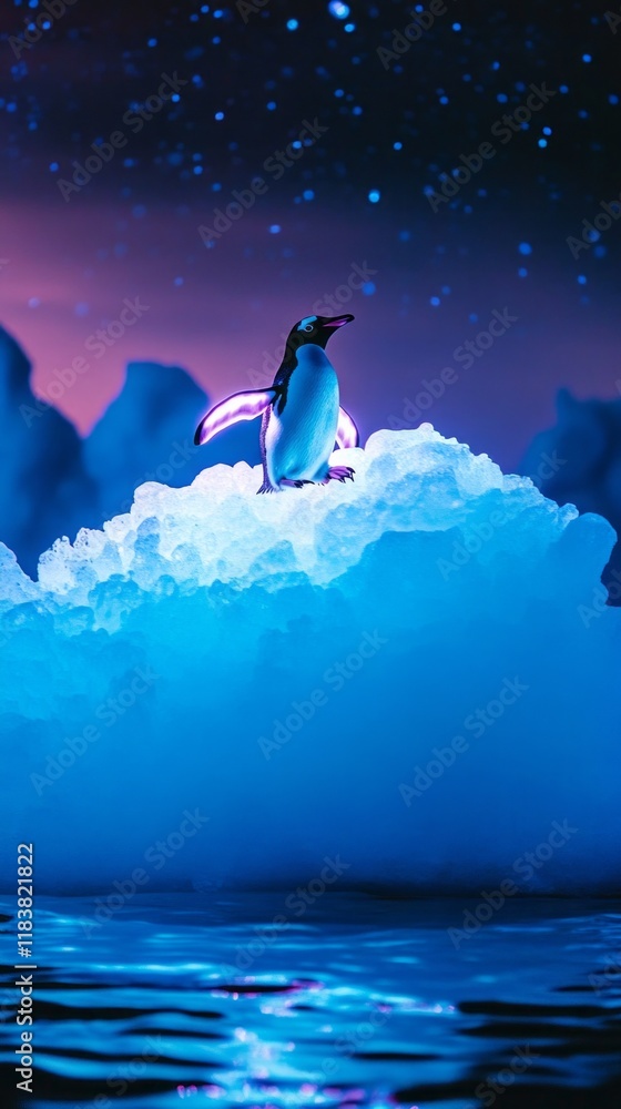 Aufkleber a penguin adorned with glowing ice wings glides effortlessly across a shimmering icy surface. surrou