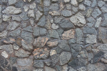 Surface of wall made of gray natural shape fieldstones