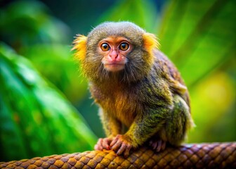 A pygmy marmoset portrait: incredibly cute, tiny monkey close-up.