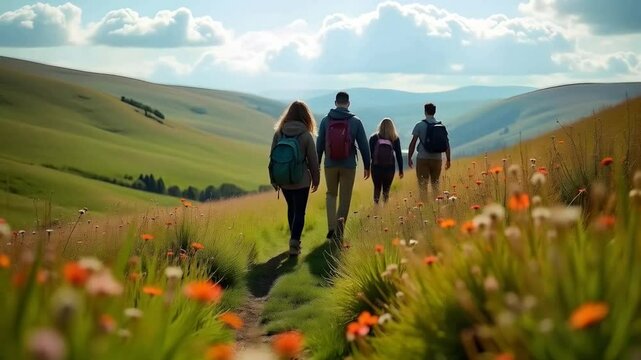 A vibrant spring scene in the Yorkshire Dales, featuring a diverse group of hikers enjoying the landscape