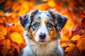 Autumn leaves frame a charming blue merle Aussie puppy portrait.