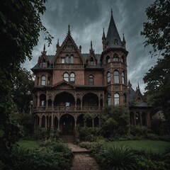 A Gothic Revival home with dramatic spires, intricate carvings, and a moody garden.