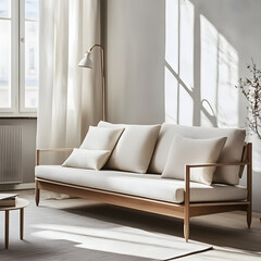 modern Scandinavian sofa featuring natural materials, soft cushions, and minimalist design, perfect for bright, airy living spaces