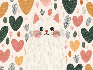 A cute, cartoon-style cat surrounded by colorful hearts and leaves creates a whimsical, cheerful atmosphere.