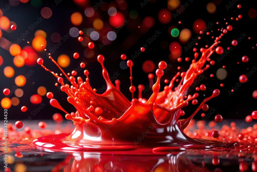 Poster dramatic red paint spills and bokeh create an artistic abstract image; a vibrant red explosion again