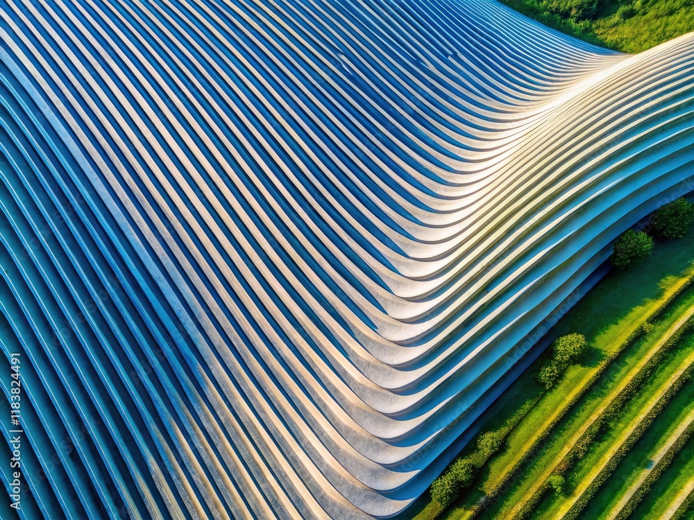 Poster drone-captured tech texture: elegant white diagonal stripes form a wave, creating an abstract backgr