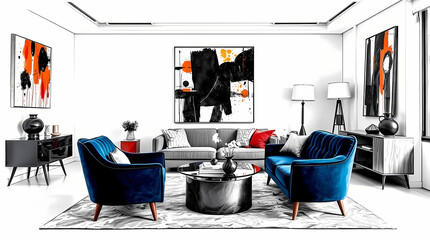 Luxurious High-Rise Apartment Living Room With Cityscape View