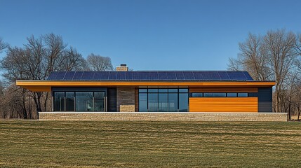 Obraz premium Modern Sustainable Home Design: Solar-Powered Residence in Serene Landscape