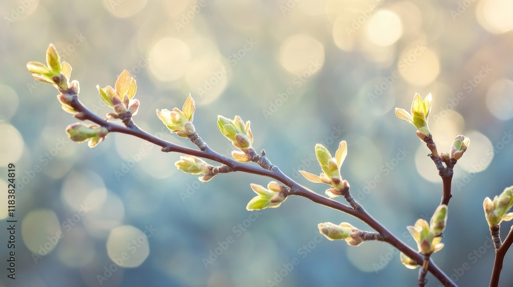 Poster fresh spring leaves on branch with soft blurred background effect