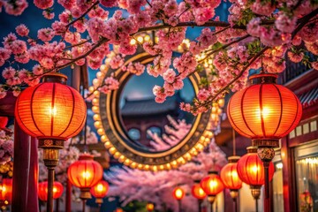 Obraz premium Elegant night photography: circular frame encloses serene blossoms, tranquil Asian garden.