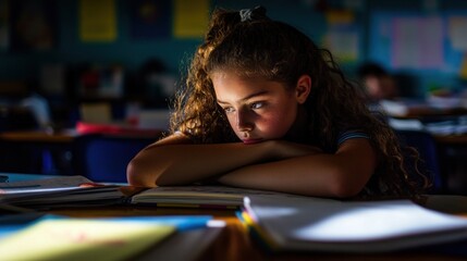 A Young Girl's pensive moment at school, lost in thought, after a long day of learning and studying.