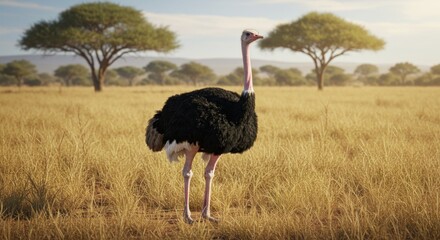 Lone Ostrich Stands In African Savanna Grassland