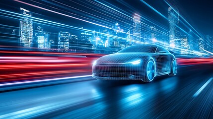 Fototapeta premium Futuristic wireframe car speeding on a highway at night, city skyline in background.