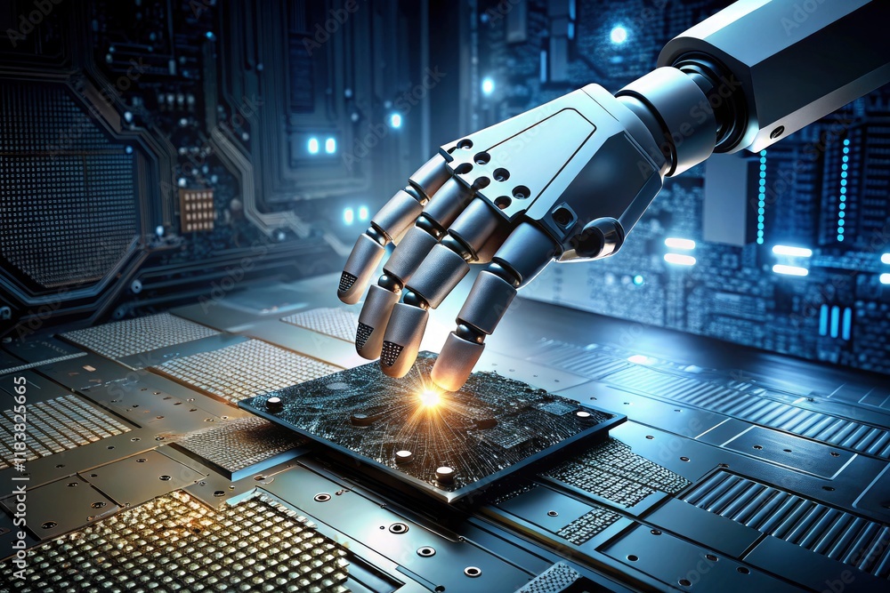 Aufkleber futuristic architecture showcases a robotic hand and microchip processor in stunning detail.